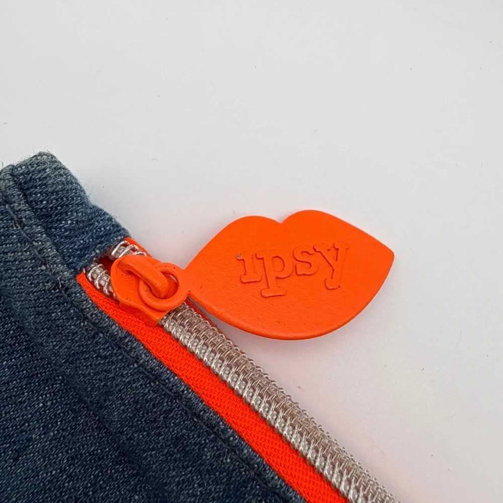 Ipsy Denim Makeup Bag Cosmetic Pouch Orange Lining‎ Zipper Glam Bag